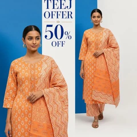 Stylish Orange Printed Cotton Kurta Pant Set
