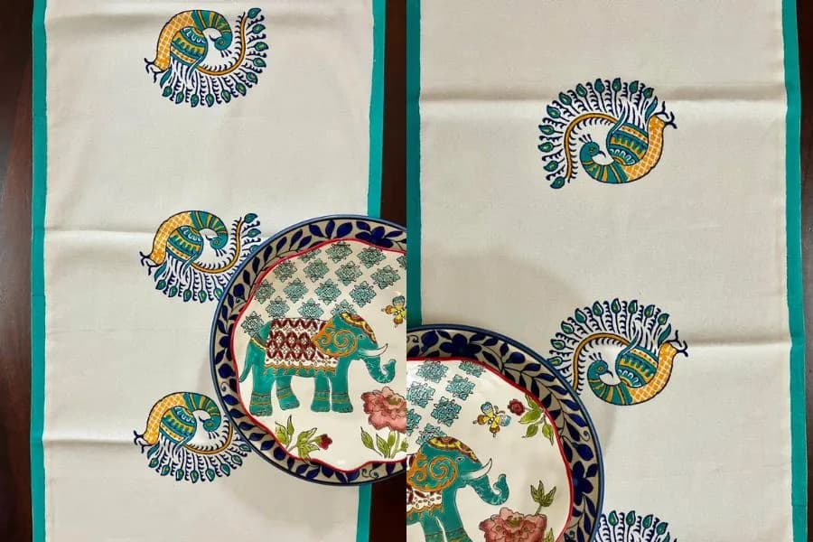 A Table Runner That Does More Than Fill the Centre — Peacock Print Table Runner