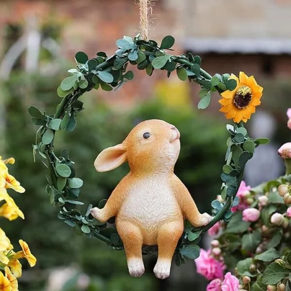 Bunny on Ring Garden Decor – Cute Hanging Rabbit Polyresin Showpiece