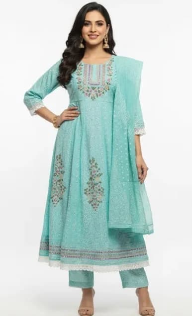 Aqua Blue Embroidered Kurta Set with Printed Dupatta – Fresh Look at ₹1699