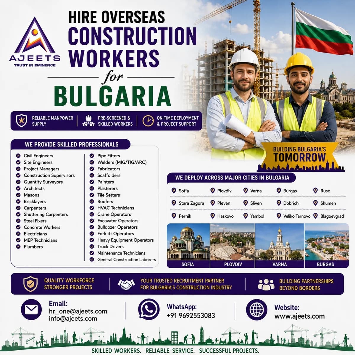 Construction Staffing Agency from India, Nepal & Bangladesh for Bulgaria