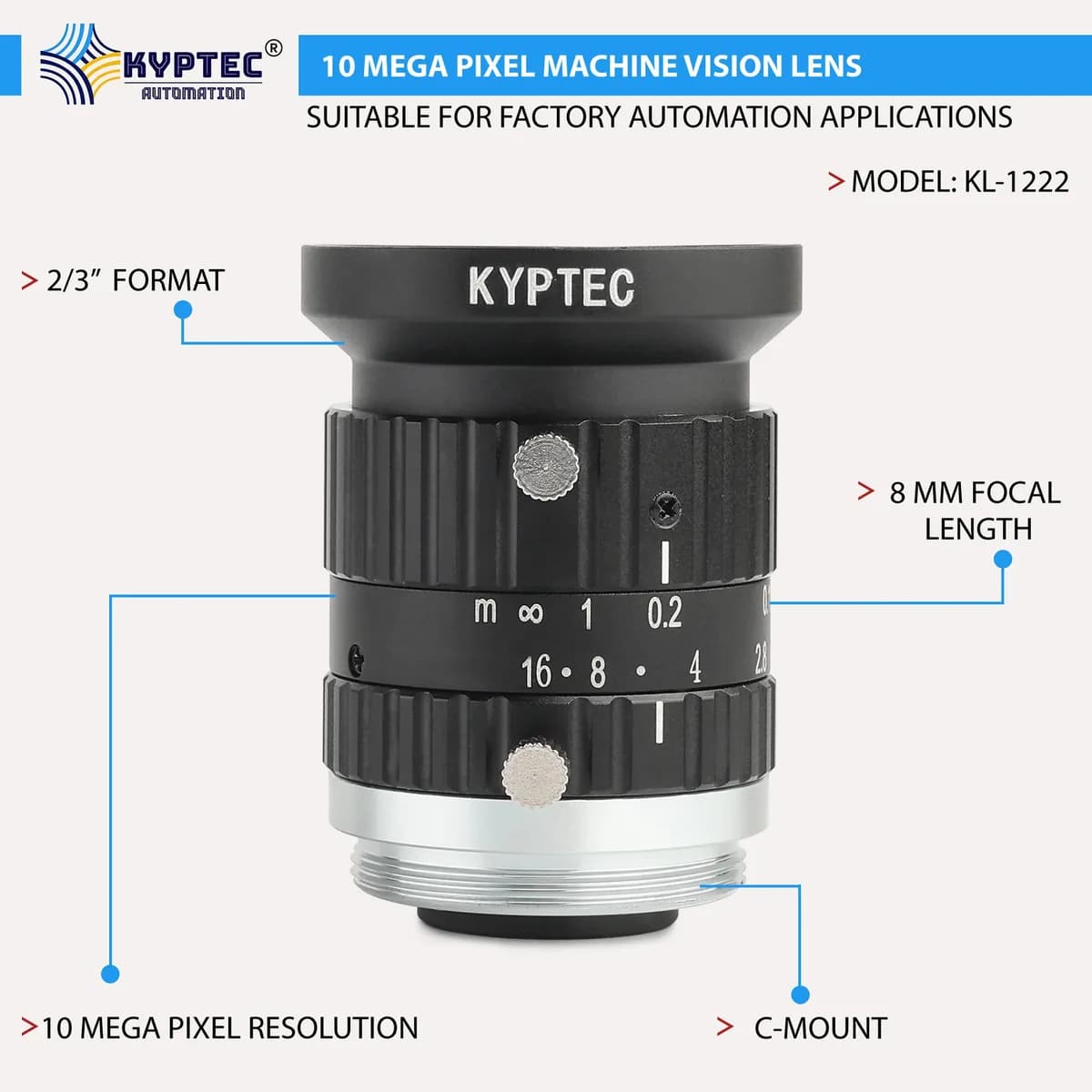 8 MM 10 MP Wide-Angle Machine Vision Lens for 2/3-Inch Industrial Cameras | C-Mount.