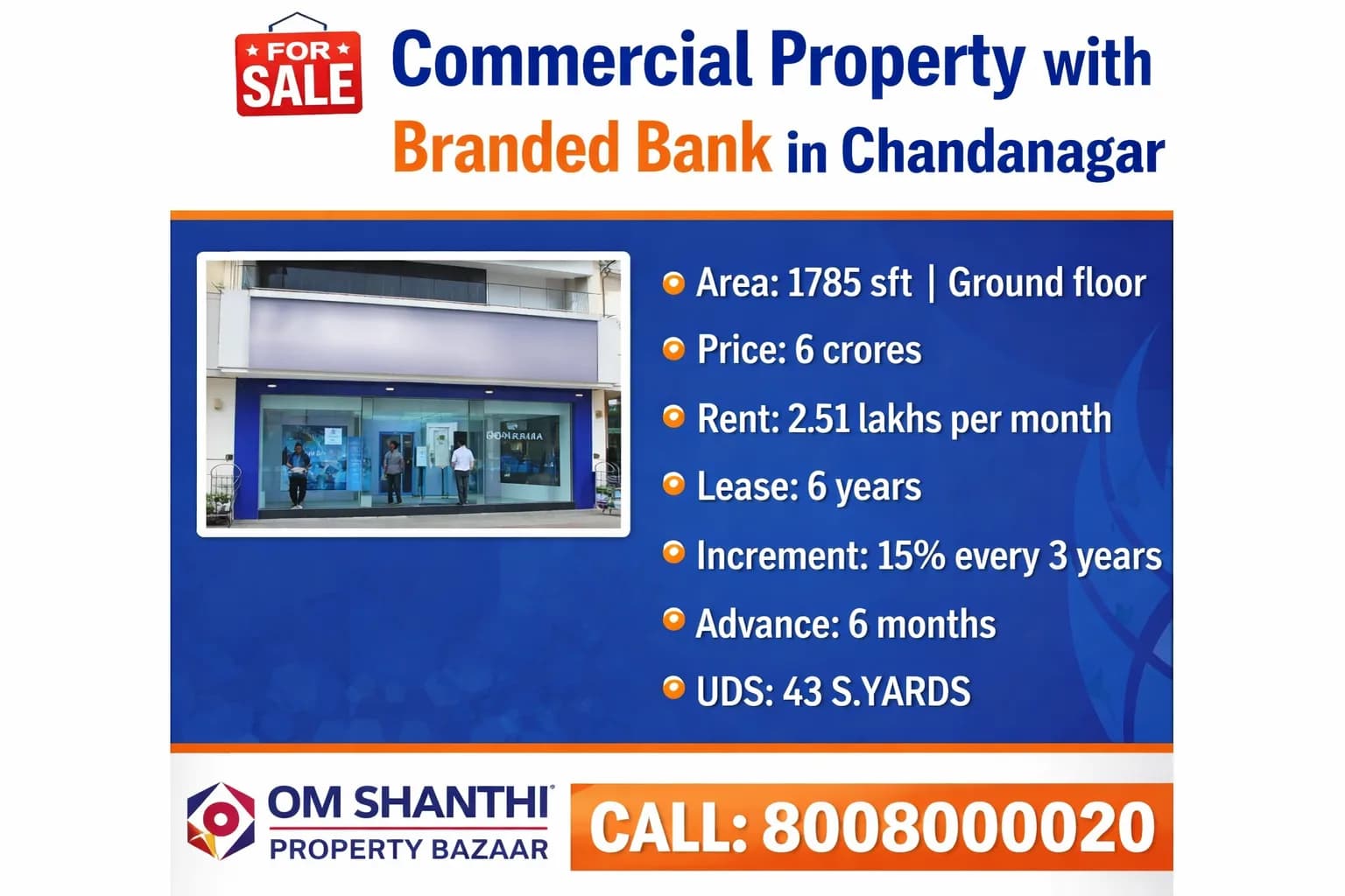 SALE OF COMMERCIAL PROPERTY WITH BRANDED BANK AT CHANDANAGAR