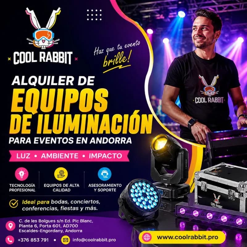 Alquiler de equipos de iluminación para eventos en Andorra con Cool Rabbit