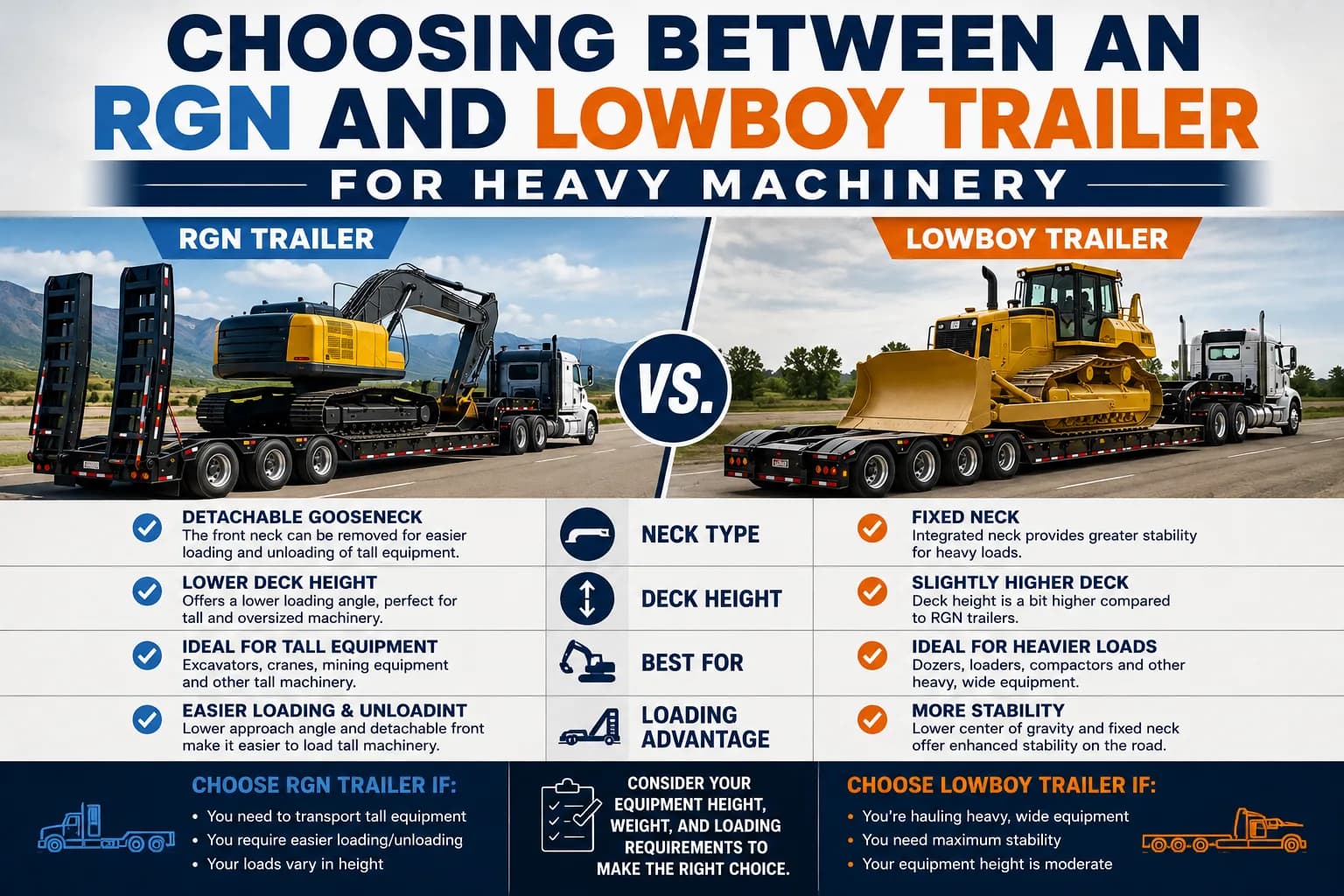 Choosing Between an RGN and Lowboy Trailer for Heavy Machinery
