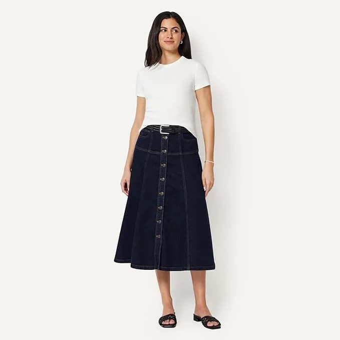 Women's A-Line High-Rise Denim Button-Down Midi Skirt