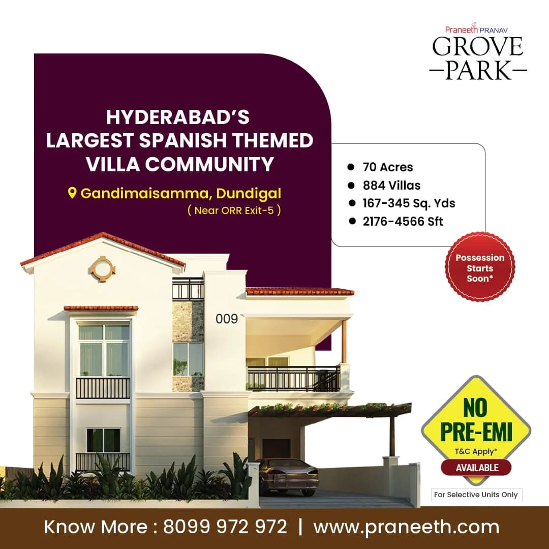 Praneeth Pranav Grove Park | Triplex Villas for Sale in Dundigal | Villa Projects in hyderabad