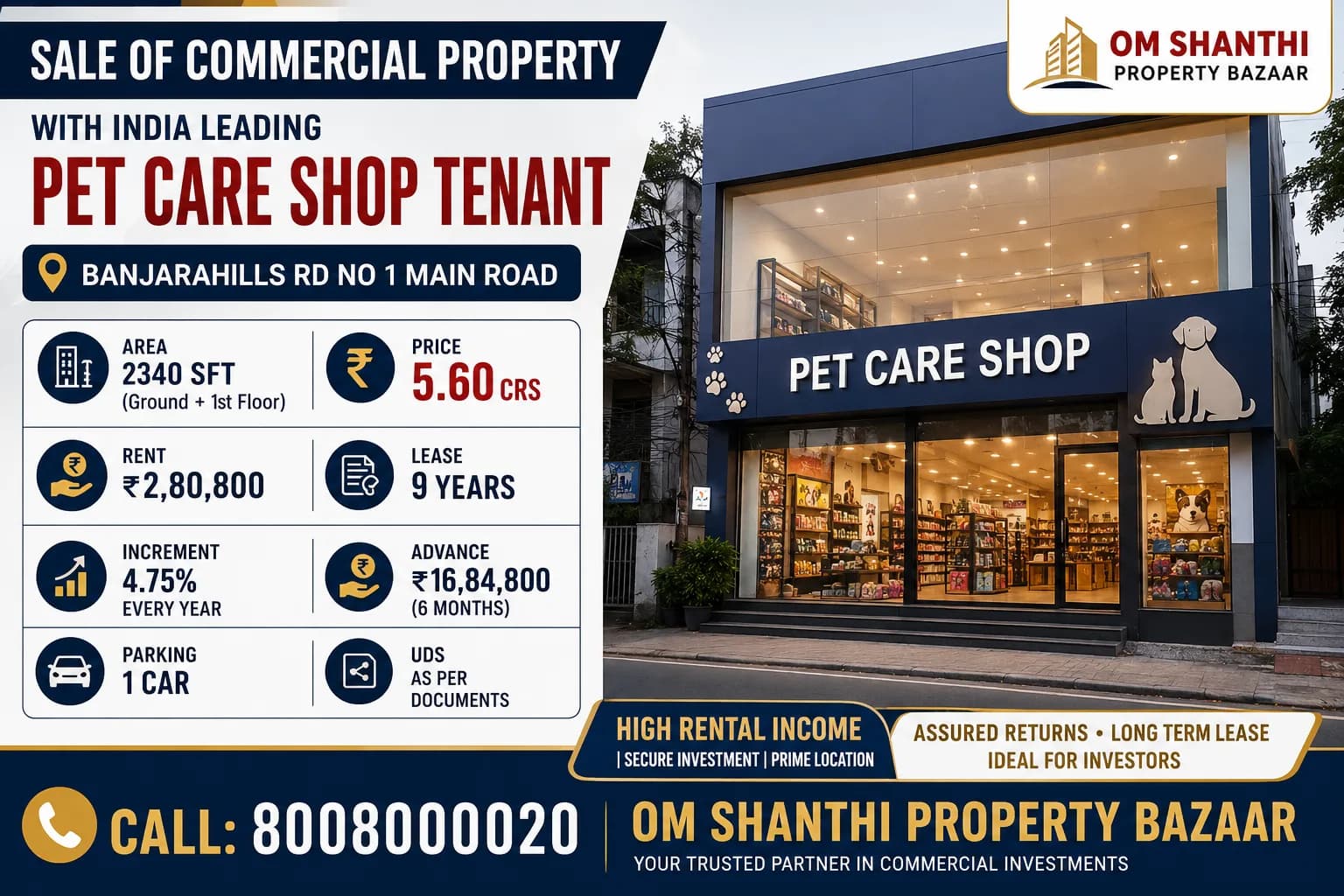 SALE OF COMMERCIAL PROPERTY WITH INDIA LEADING PET CARE SHOP TENANT AT BANJARAHILLS 