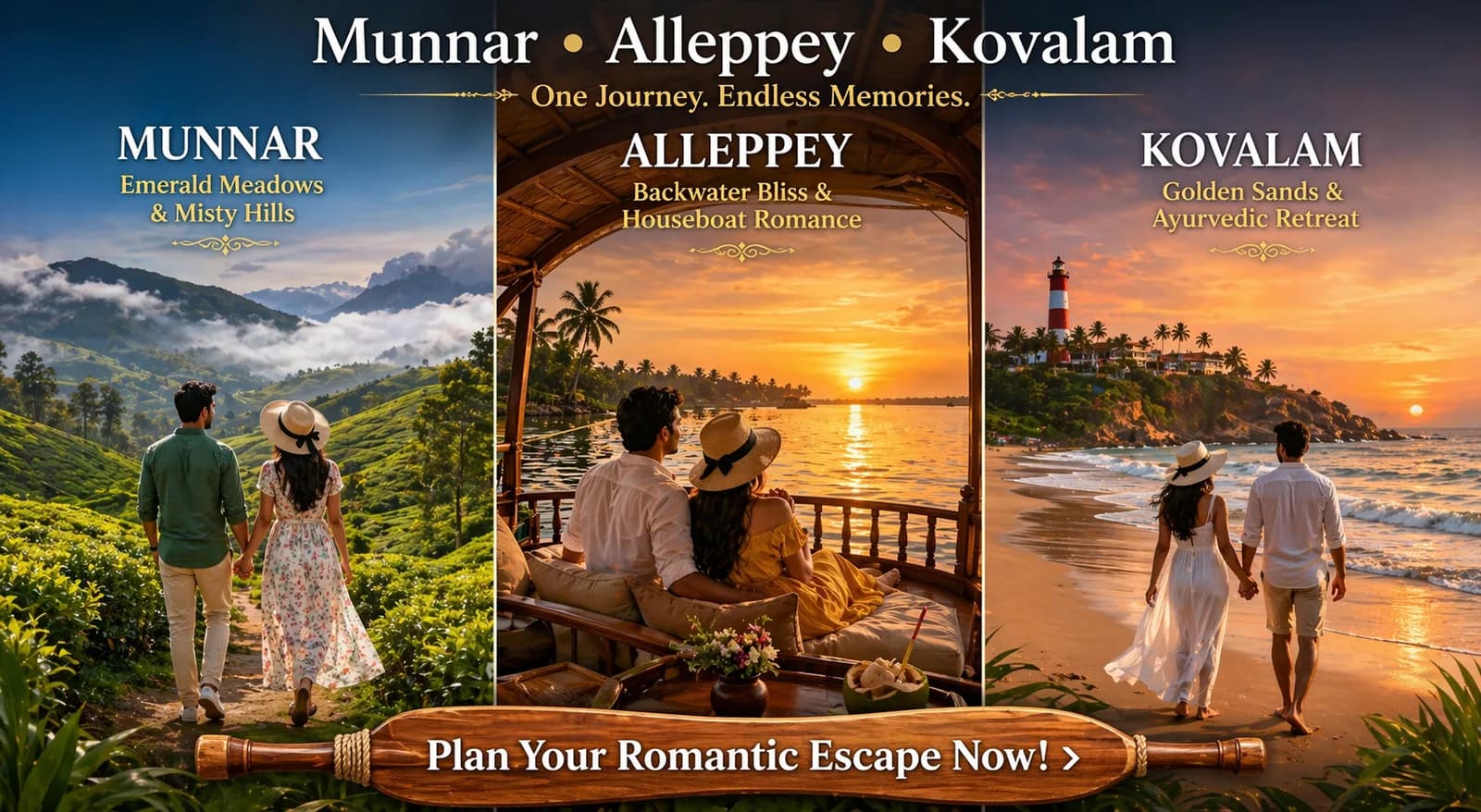 Best Kerala Honeymoon Packages (Munnar + Alleppey + Kovalam)