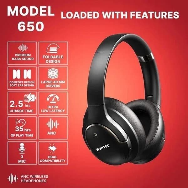 Kyptec LifeStyle® 650 ANC Headphones for Calls, Music, Movies & Flexible Bluetooth or AUX Listening