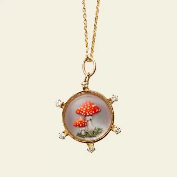 18K Gold Mushroom Essex Crystal Pendant – Hand-Painted Heirloom Necklace