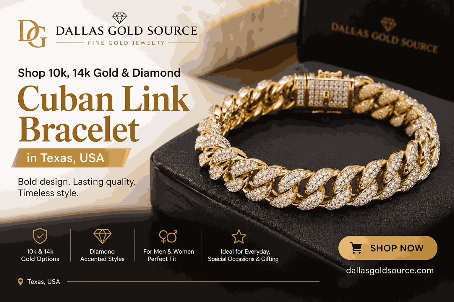 Shop 10k, 14k Gold & Diamond Cuban Link Bracelet in Texas, USA