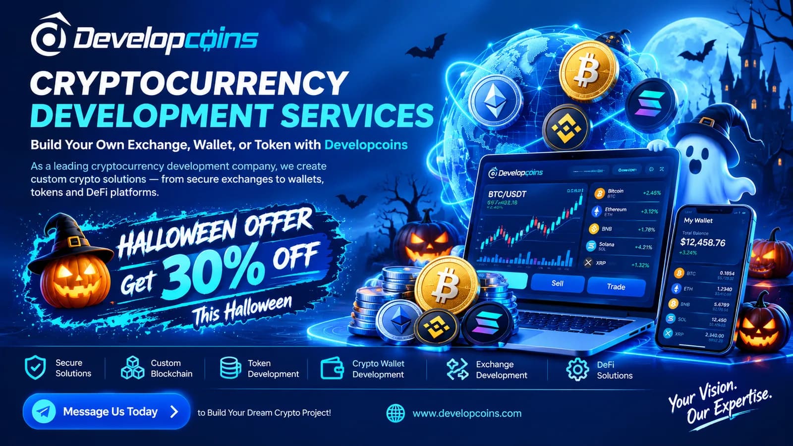 Launch Your Own Cryptocurrency and Exchange with Developcoins' Halloween Special Offer!