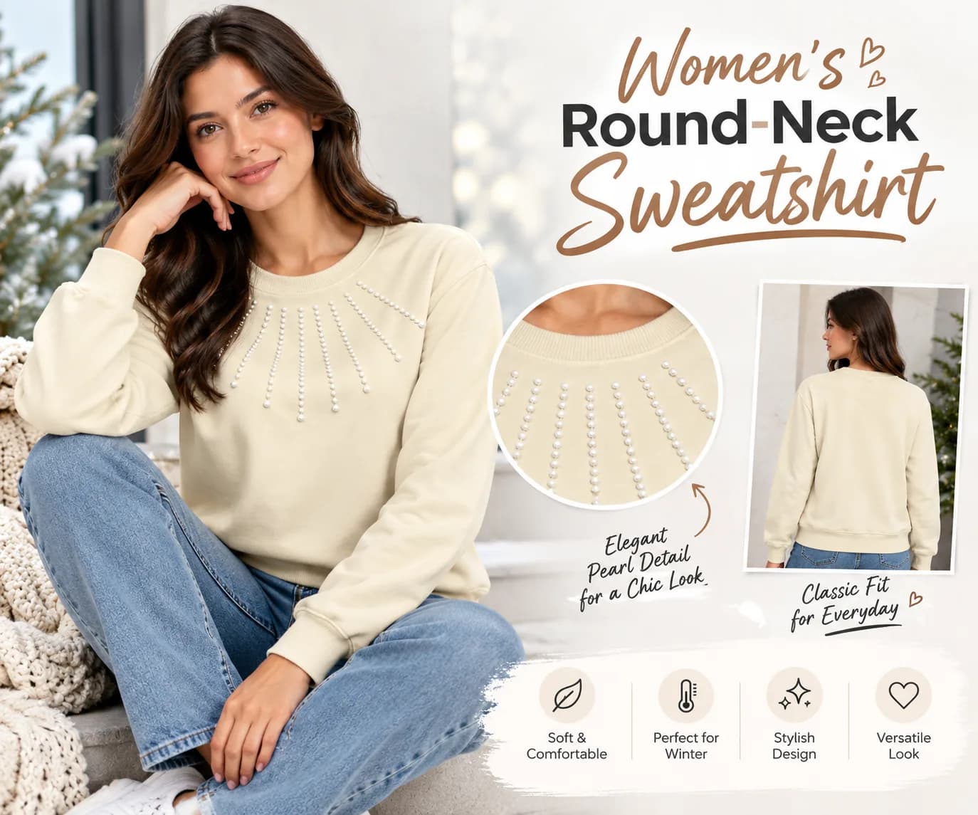 White women's round-neck sweatshirt in relaxed fleece fabric