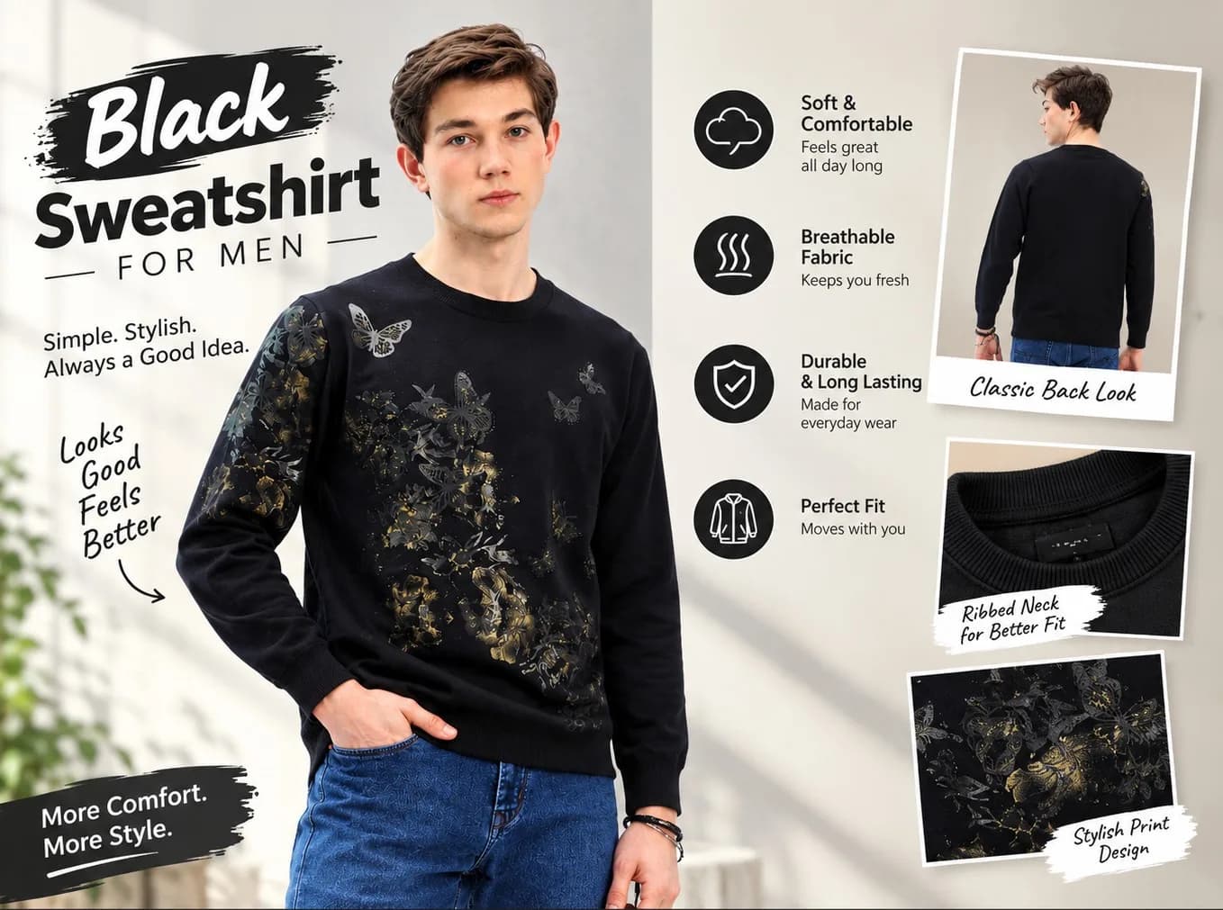 Black Sweatshirt for Men with Butterfly Print and Crewneck