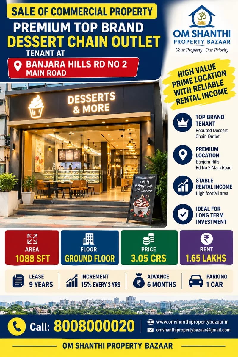 SALE OF COMMERCIAL PROPERTY PREMIUM TOP BRAND DESSERT CHAIN OUTLET TENANT AT BANJARAHILLS ROAD NO:2